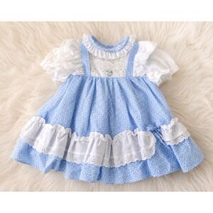 Vintage Roanna Baby Girls 12M Blue Floral Prairie Dress‎ Eyelet Ruffle